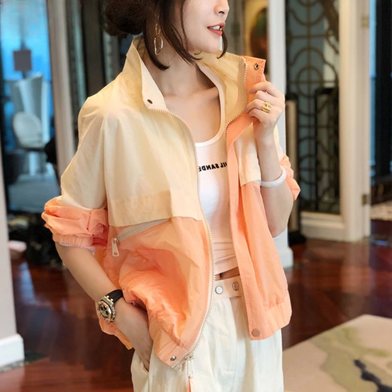 

Women 2024 Summer New Thin Sun-protect Outwear Female Stand Collar Patchwork Coat Ladies Casual Sun Protection Clothing S75