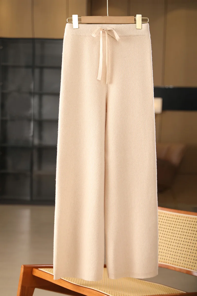 Women 100% Merino Wool Sweater Autumn Winter Loose Rib Knit Wide Leg Pants High Waist Drawstring Waistband Good Stretch Pants