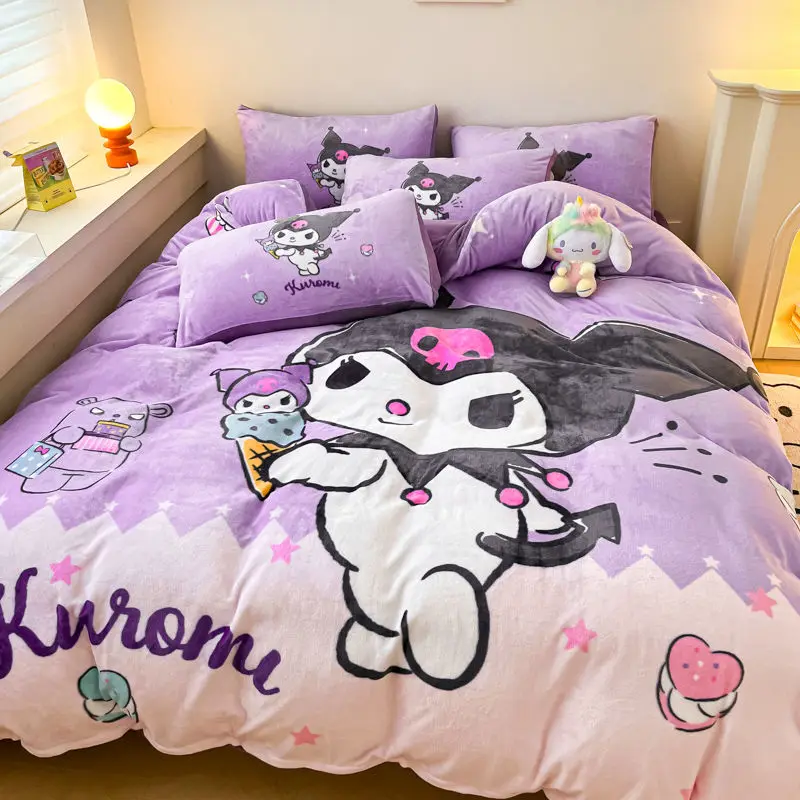 Miniso cinnamoroll kuromi anime kawaii leite veludo 4 peças capa de edredão folha bonito dos desenhos animados ins minha melodia capa quente presentes