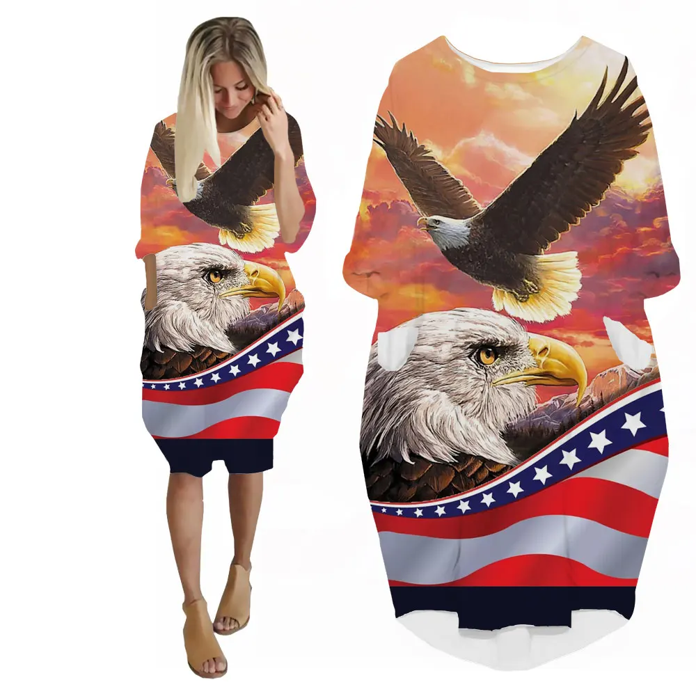 SONSPEE 2022 Fashion Street Personality Women's Dress 3D Print American flag with Animal Bald Eagle Skirt Suits Lady Girl Gown