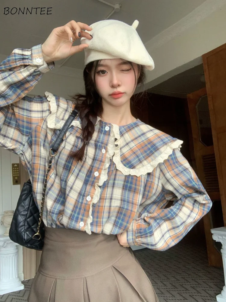 

Shirts Women Plaid Simple Lovely Daily Students All-match Delicate Classics Vintage Korean Style Spring Charming Special Young