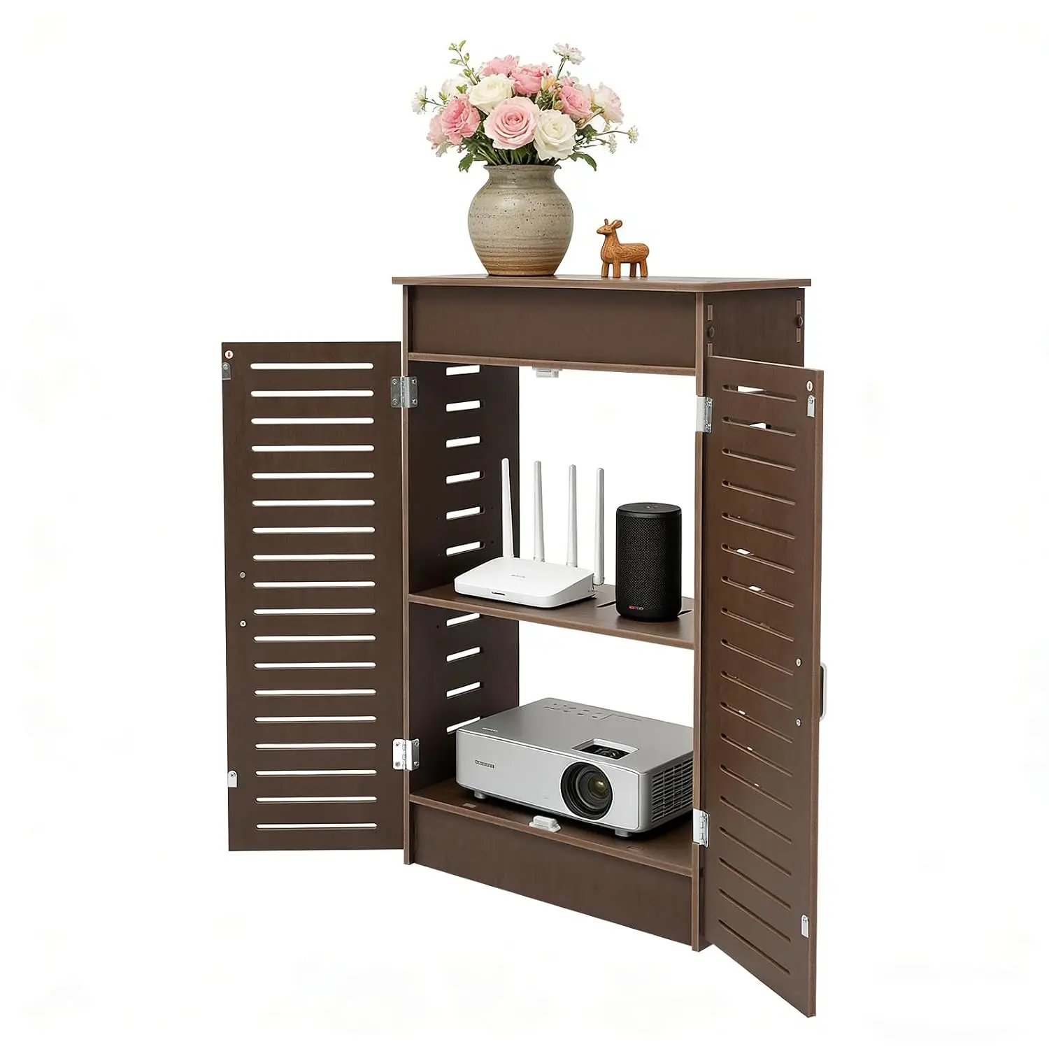 WiFi Router Storage Cabinet, Floor Standing Router Storage Box(Walnut Wood)