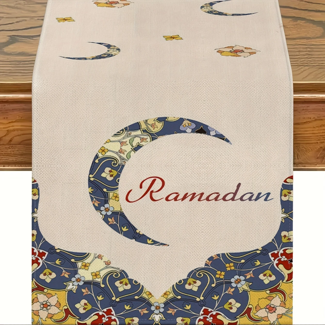 1 Piece of Elegant Muslim Ramadan Table Runner with Moon and Floral Designs, Suitable for Farmhouse, Indoor, Kitchen, Celebrations, Table Decoration, Restaurant, and Banquet Decoration Supplies