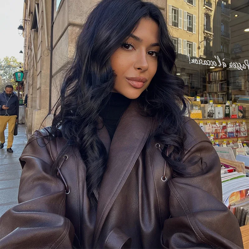 Lace Up Women's Jacket Lapel Long Sleeve Furry Cuffs Short Leather Coat Autumn Winter Outwear 2025 New Fashion Lady Jackets