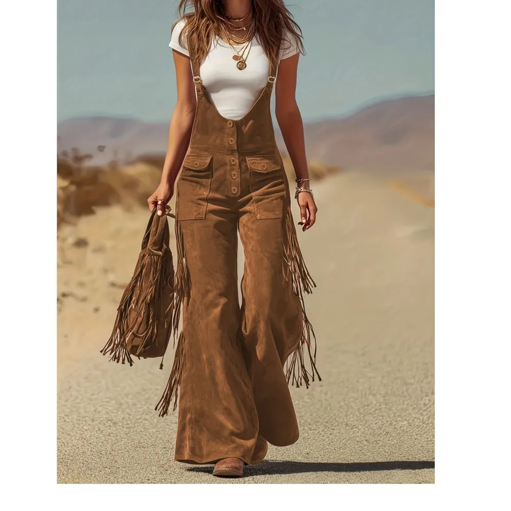 

Retro Tassel Wide Leg Overalls Spring Summer Women's Fashion Western Suede Cargo Pants With Buttons Pockets Pantalones De Mujer