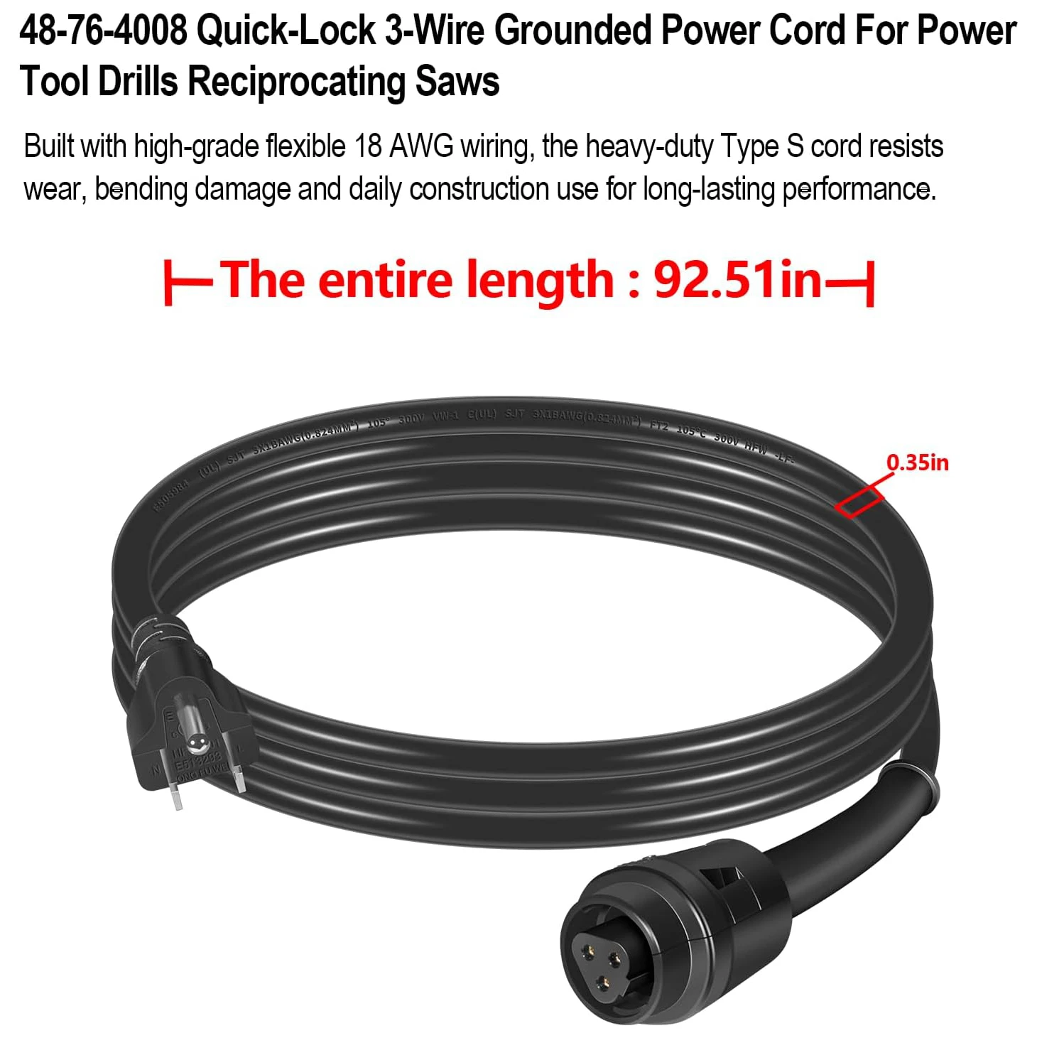 ANX 48-76-4008 8FT Quick-Lok-Kabel für Milwaukee-Bohrmaschinen und Sägen, 18AWG 125V 10A NEMA5-15P geerdetes Hochleistungskabel – Detail 3