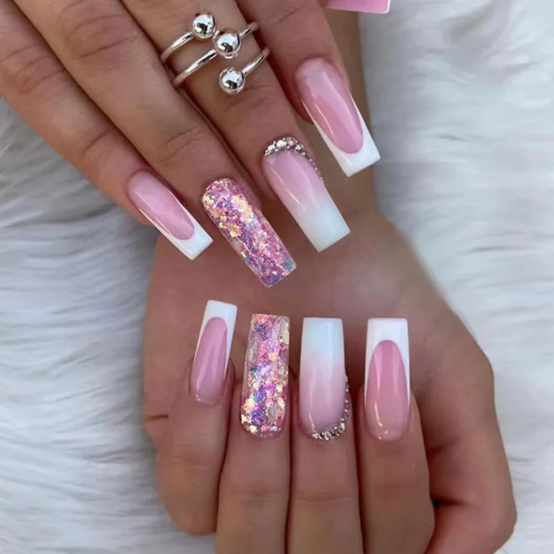 24Pcs Long Ballet Nails Set Press on White Gradient 3D Bow Design Full Cover False Nails Tips Simple Reusable Finished Fake Nail