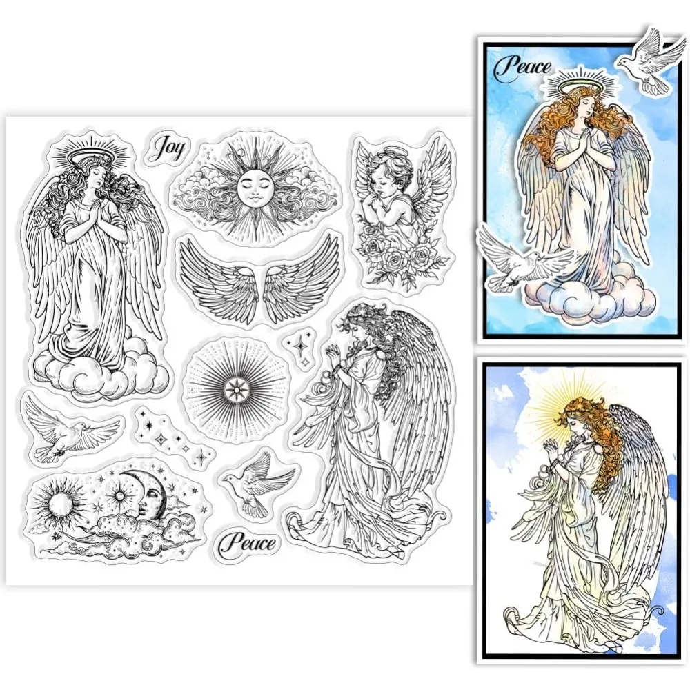 Christmas Angel Clear Stamps Angel Background Stamp Angel Moon Sun Transparent Stamps Journal Home Decoration 5.91×5.91inch