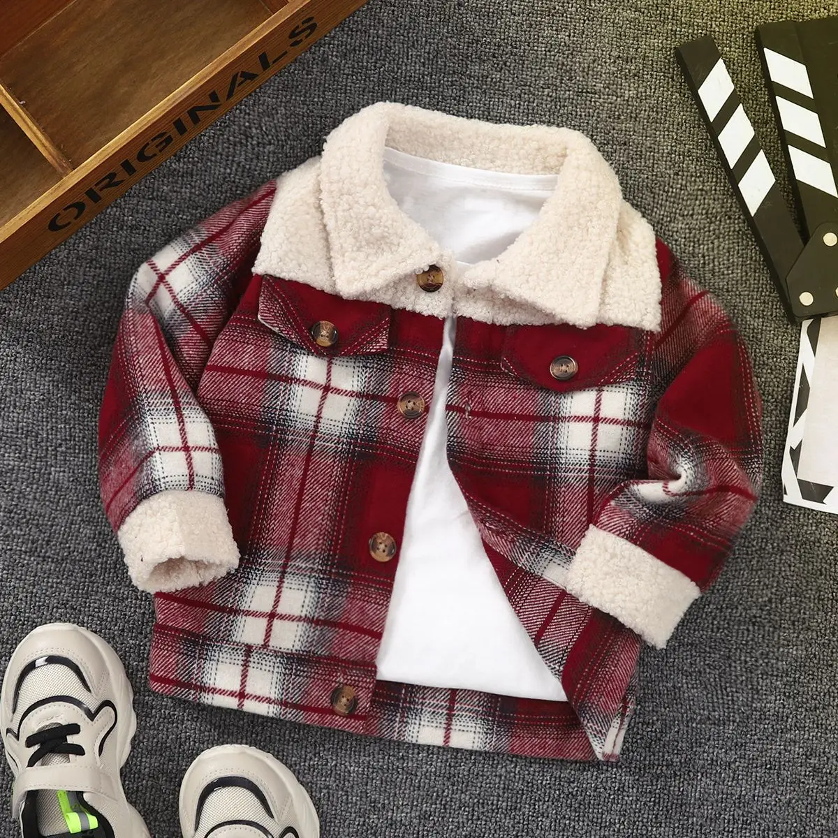 1-6 year old boys' spring and autumn style spliced fleece collar single breasted checkered versatile casual jacket