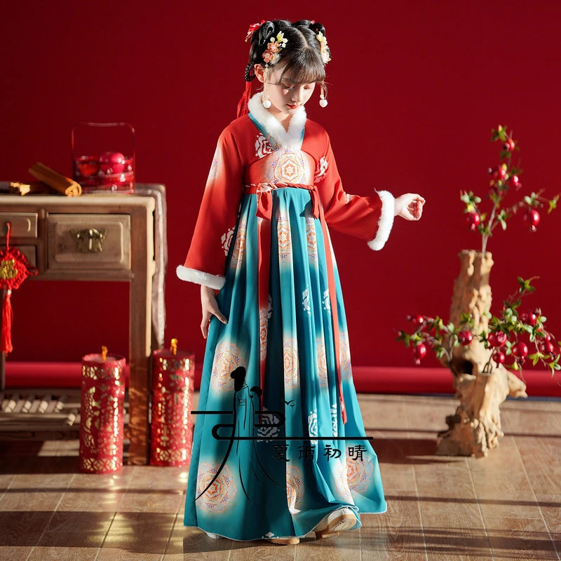 

2025 New Kids Hanfu Winter Quilted Thick Warm Dress Chinese Traditional Girls Princess Costumes Party Dresses Children's Clothes