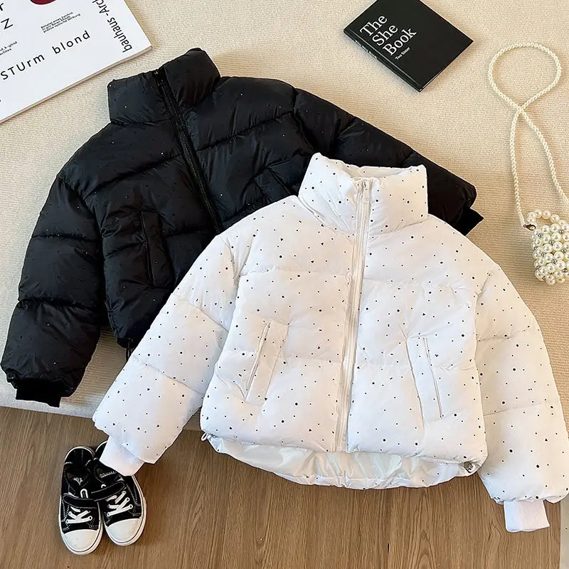 2026 Winter Girls Rhinestone Puffer Jacket Korean Star-Studded Fashion Coat Glitter Zip-Up Quilted Down Jacket