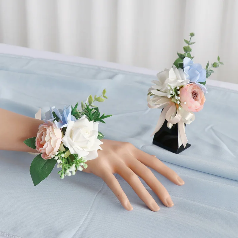 Boutonniere and Wrist Corsage Simulation Wedding Bust Bridegroom Bridesmaid sisters Wrist Flower Photo Shooting Hand Flower