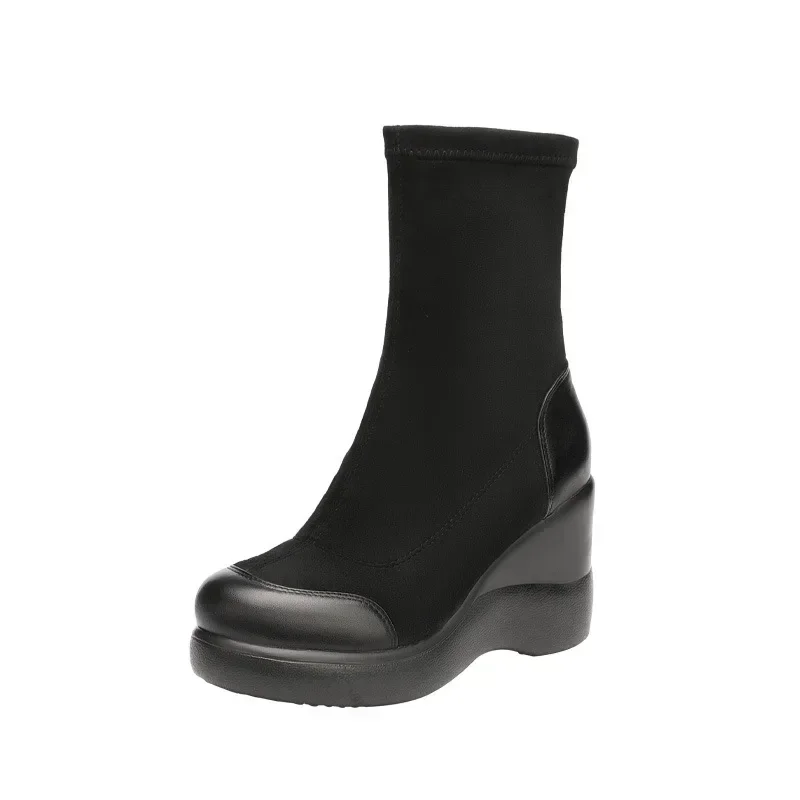 8cm Small Size 32-43 Comfortable Flexible Platform Wedges Shoes Ankle Boots Winter 2024 High Heels Sock Boots Elastic Office