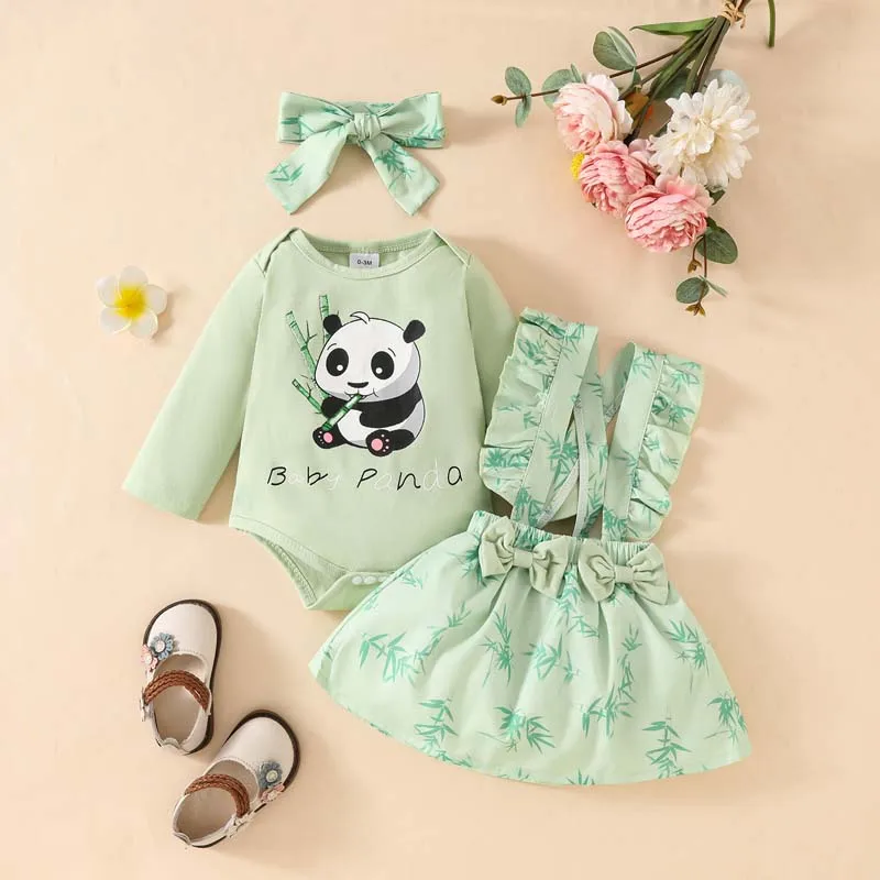 

3-Piece Set Newborn Baby Girl's Clothes Cute Panda Monogrammed Long Sleeve Bodysuit Bamboo Print Bow Back Dress Hairband Outfits