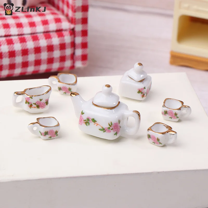 ▶1Set 1:12 Dollhouse Miniature Ceramics Teapot Tea Set Mini Ceramic Kungfu Tea Set Kettle Cup Tableware Model Kitchen Decor Toys