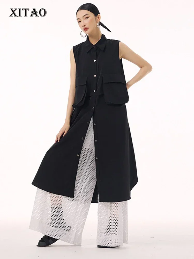 

XITAO лоскутное однобортное платье без рукавов с карманами, повседневное индивидуальное женское платье до середины икры с отложным воротником HQQ2423