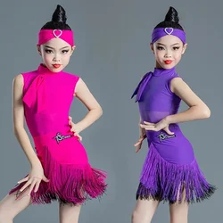 Vestido de baile latino para niñas, traje de baile Cha, vestido con flecos, Rhodo/púrpura, vestido de competición latina para niños, ropa de práctica de Samba