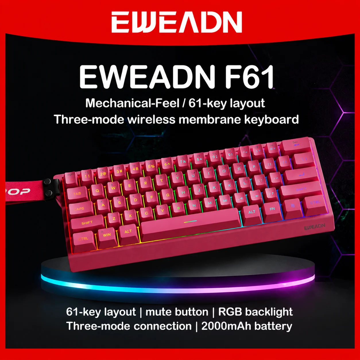 EWEADN F61 61‑Key Compact Three‑Mode Wireless Membrane Keyboard RGB Backlit 2000mAh Mute Keypad for Laptop Desktop Gaming Office