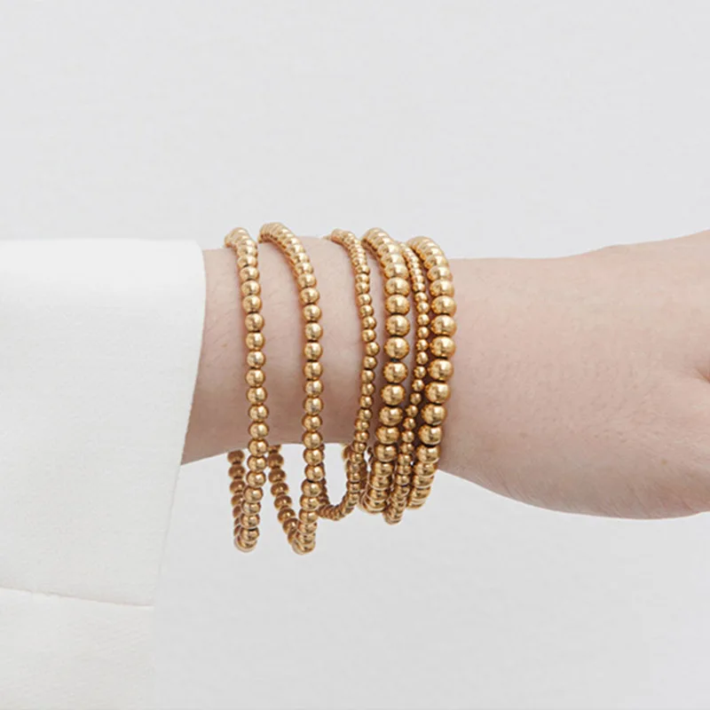 New Stainless Steel Beaded Bracelet 14k Gold Plated Round Beads Stretchable Elastic Bracelet for Women Handmade Jewelry Gift