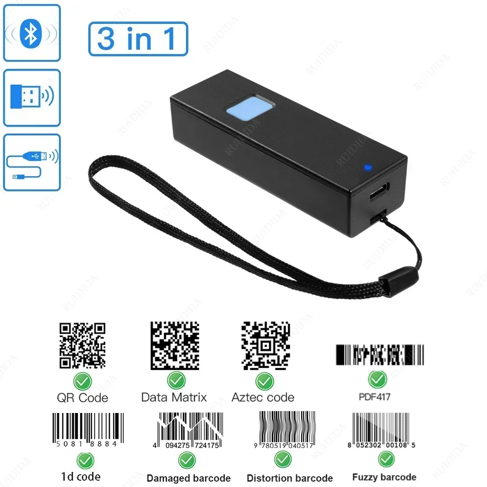 1D 2D Wireless Bluetooth Barcode Scanner Mini Pocket Bar Reader Portable BT Reader QR Code PDF417 Scanner for PC iPad iPhone