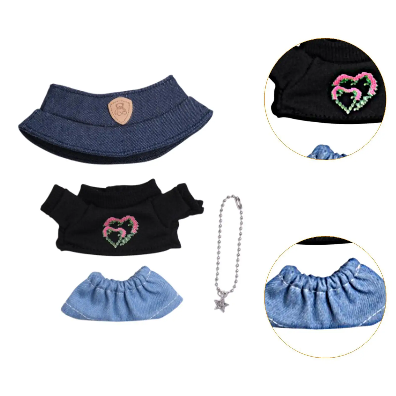 4x Girl Doll Clothes with Doll T-shirt, Jeans, Necklace, Hat Handmade Dress up Cartoon Mini for 15cm-17cm Doll Birthday Gifts