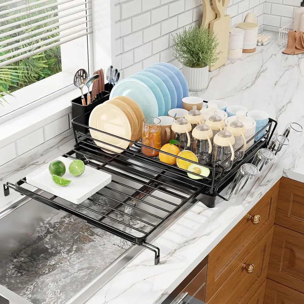 

Expandable Dish Drying Rack, Rust-Resistant Dish Drainers or Kitchen Counter, Large acity Dish Rack with Utensil & Cup Holders,