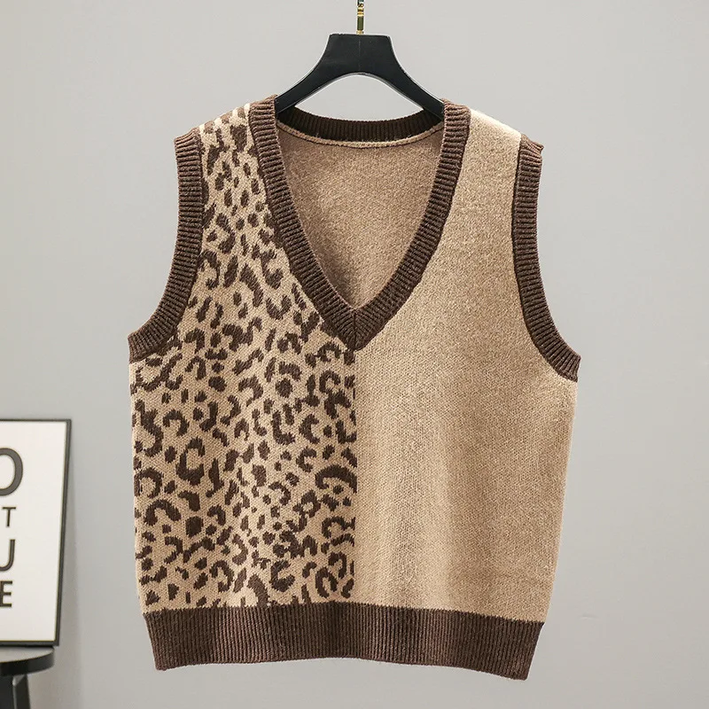 #3908 Spliced Color Leopard Sweater Vest Women Slim V-neck Short Kntted Vest Pullovers Vintage Korean Style Retro Vest Waistcoat