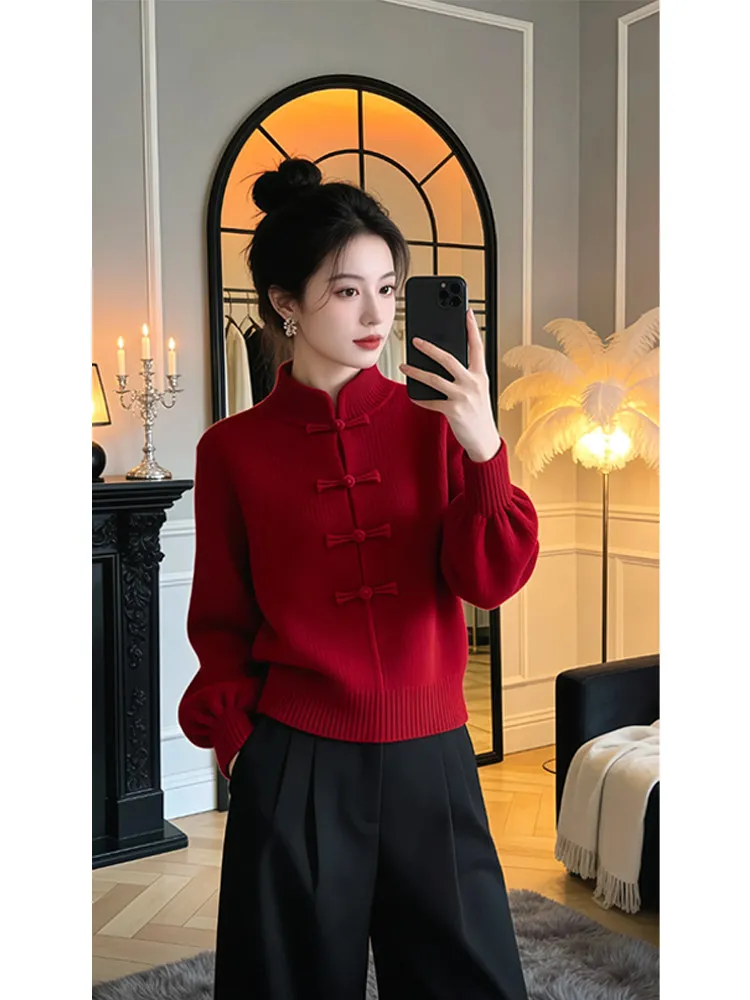 

Новогодний красный вязаный свитер, женский зимний модный внутренний свитер с воротником-стойкой, повседневный удобный средний тонкий трикотаж