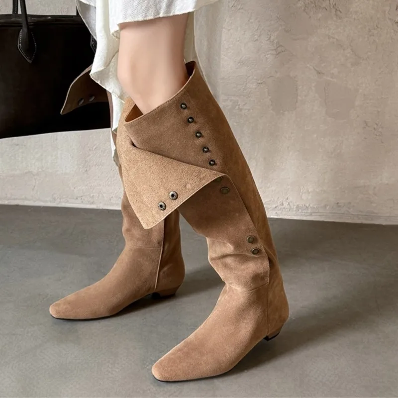 Dilalula 2025 Genuine Cow Suede Women Knee High Boots Low Heels Snap Button Casual Long Boots Ladies Party Dating Shoes