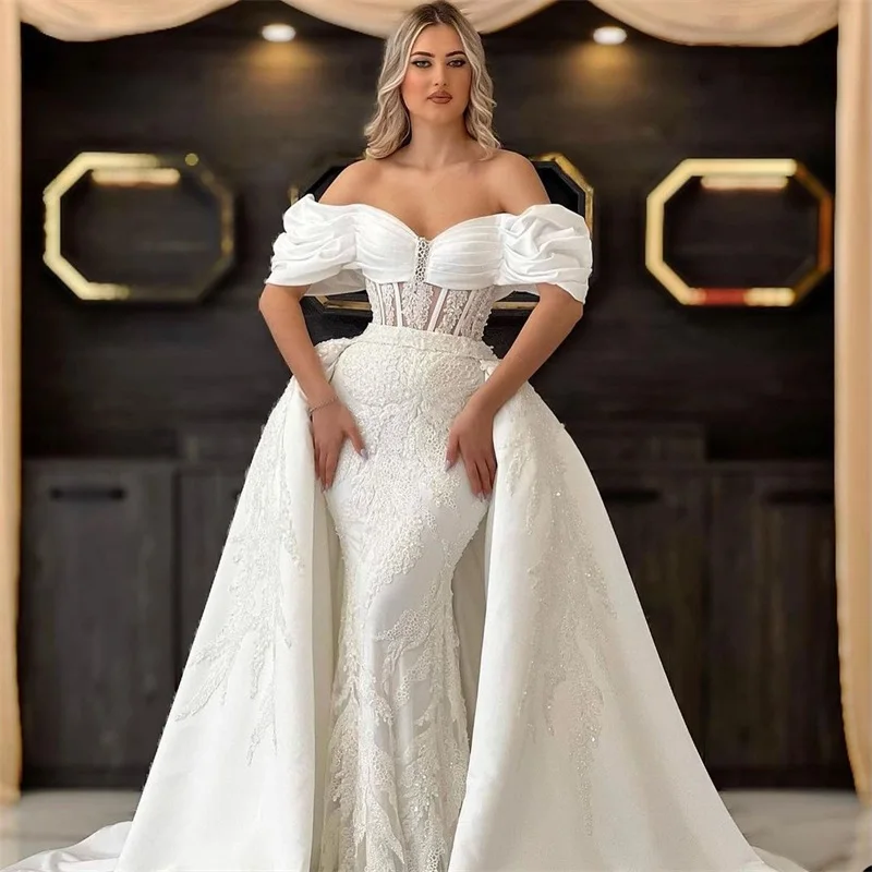 Elegante Vestido de novia de encaje de sirena con tren desmontable, hombros descubiertos, apliques, Vestido de novia hecho a medida