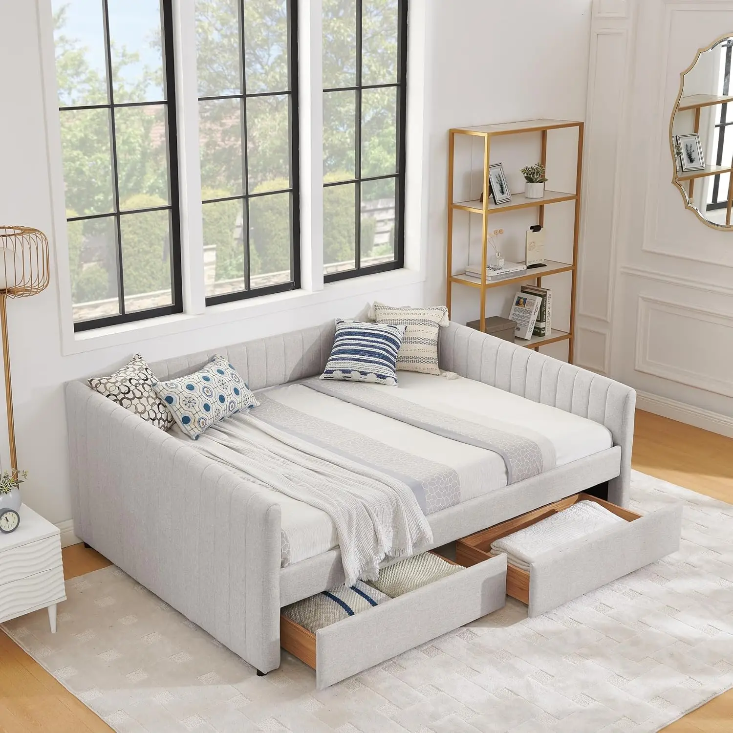 #￥Queen Daybed Frame with 2 Drawers Upholstered Linen Storage Sofa Bed Striped Bedroom Guest Room No Box Spring, Customized