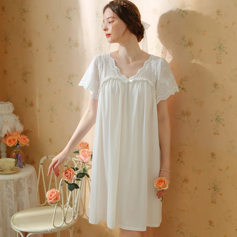 Women Homewear White Sexy Sleepwear Night Dress Lace Long Nightwear Luxury Nightgown Female Gown Plus Size Homewear