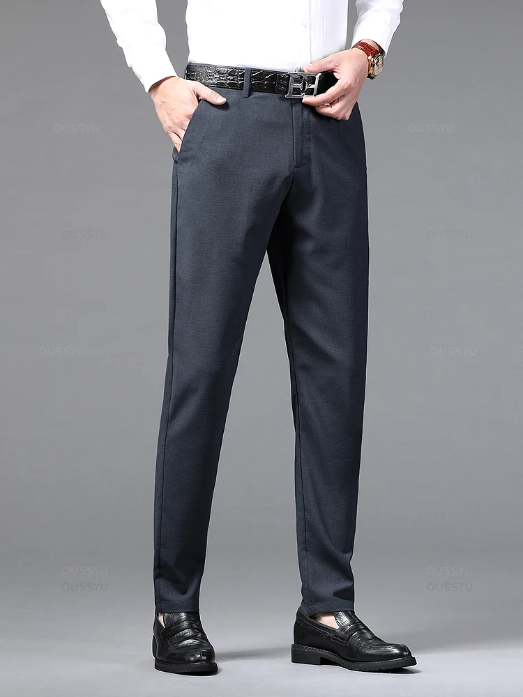 New Summer High Quality Luxury Smooth Soft Business Suit Formal Pants Men Thin Solid Color Straight Casual Office Trousers Male