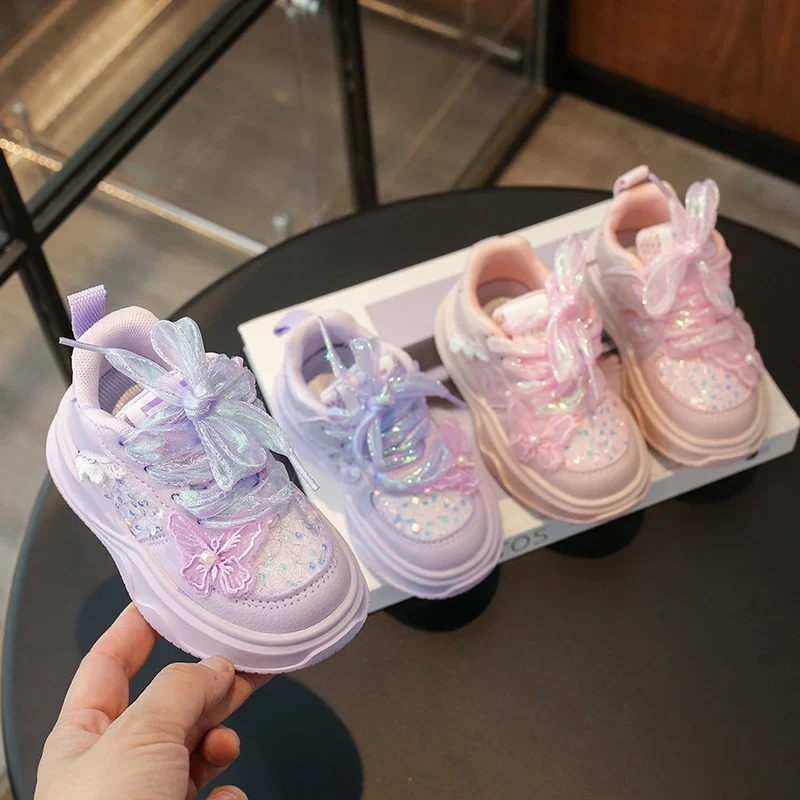 

Кроссовки для бега для девочек, детские кроссовки с блестящими пайетками, осень 2023, детская спортивная обувь с кружевом и блестящей мягкой подошвой