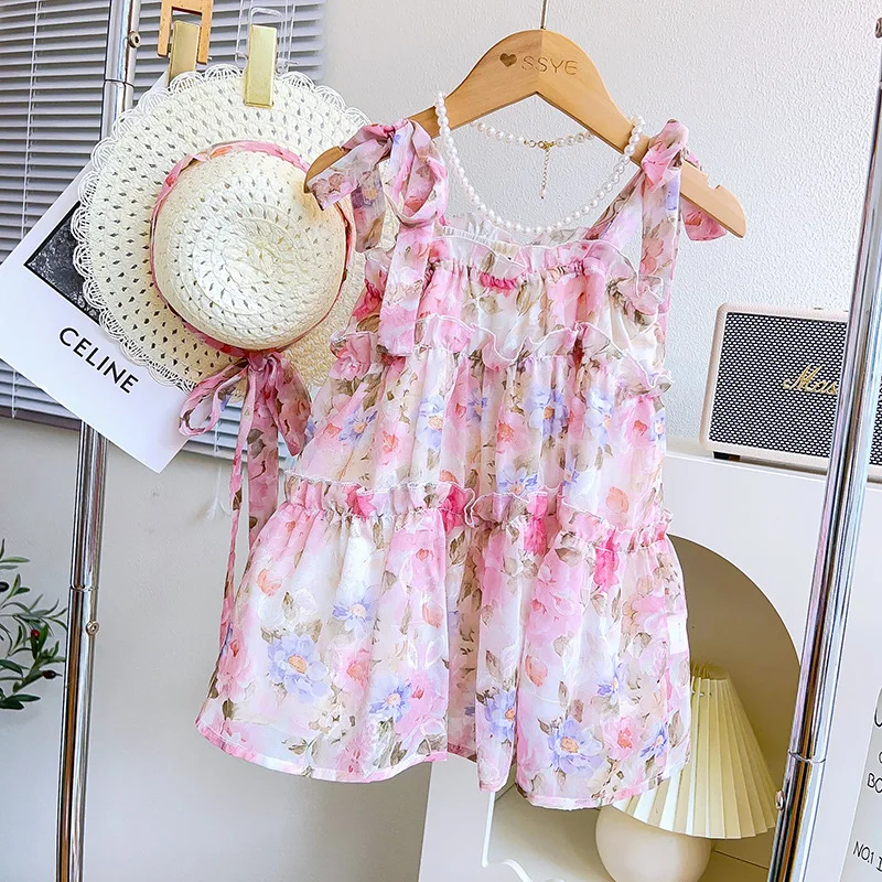 

2023 Summer Arrival Girls Sleeveless Ruffles Print Floral Pink Roupa Infantil Menina Cute Cheongsam Dress Custume 18M-7T