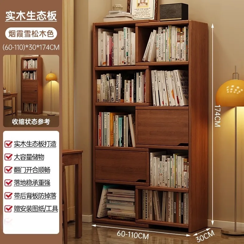 رف كتب من الخشب الصلب مع رف أرضي للباب، خزانة تخزين منزلية لغرفة المعيشة، خزانة كتب صغيرة بسيطة قابلة للسحب في العصور الوسطى #6