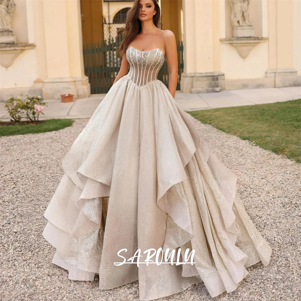 Crystals Ball Gown Wedding Dress for Bride 2026 Strapless Illusion A Line Bridal Gown Customized Shiny Bride Dresses