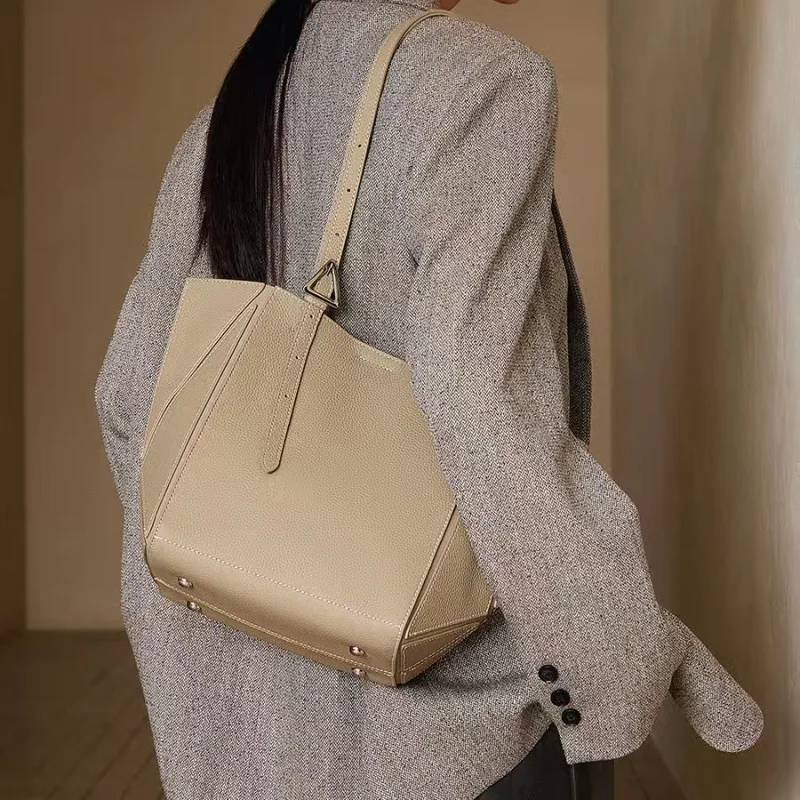 Stereoscopic Geometric Tote Bag with Top-Grain Cowhide Solid Color Splicing Single Shoulder Underarm Mother-Child Bag Foldabl