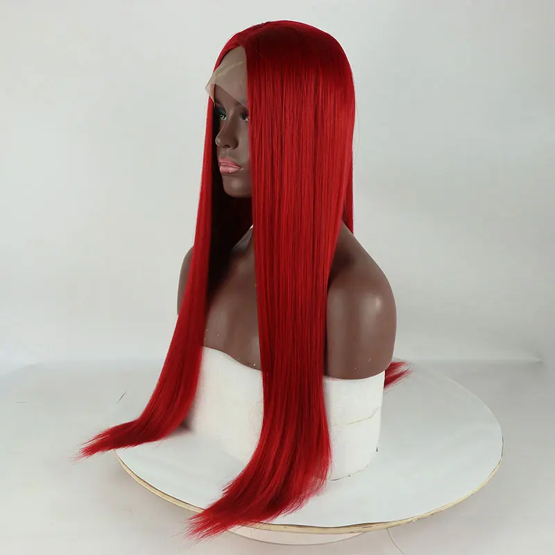 Wig renda depan 13x4 sintetis lurus merah anggur gelap kualitas tinggi rambut serat tahan panas garis rambut alami untuk Cosplay wanita