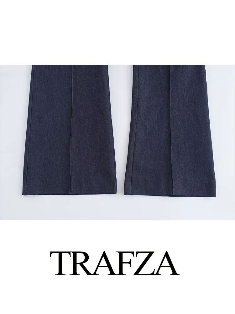 TRAFZA Autumn Suit Woman Trendy Navy Blue O-Neck Sleeveless Single Breasted Waistcoats+Mid-Waist Zipper Long Pants Female Set