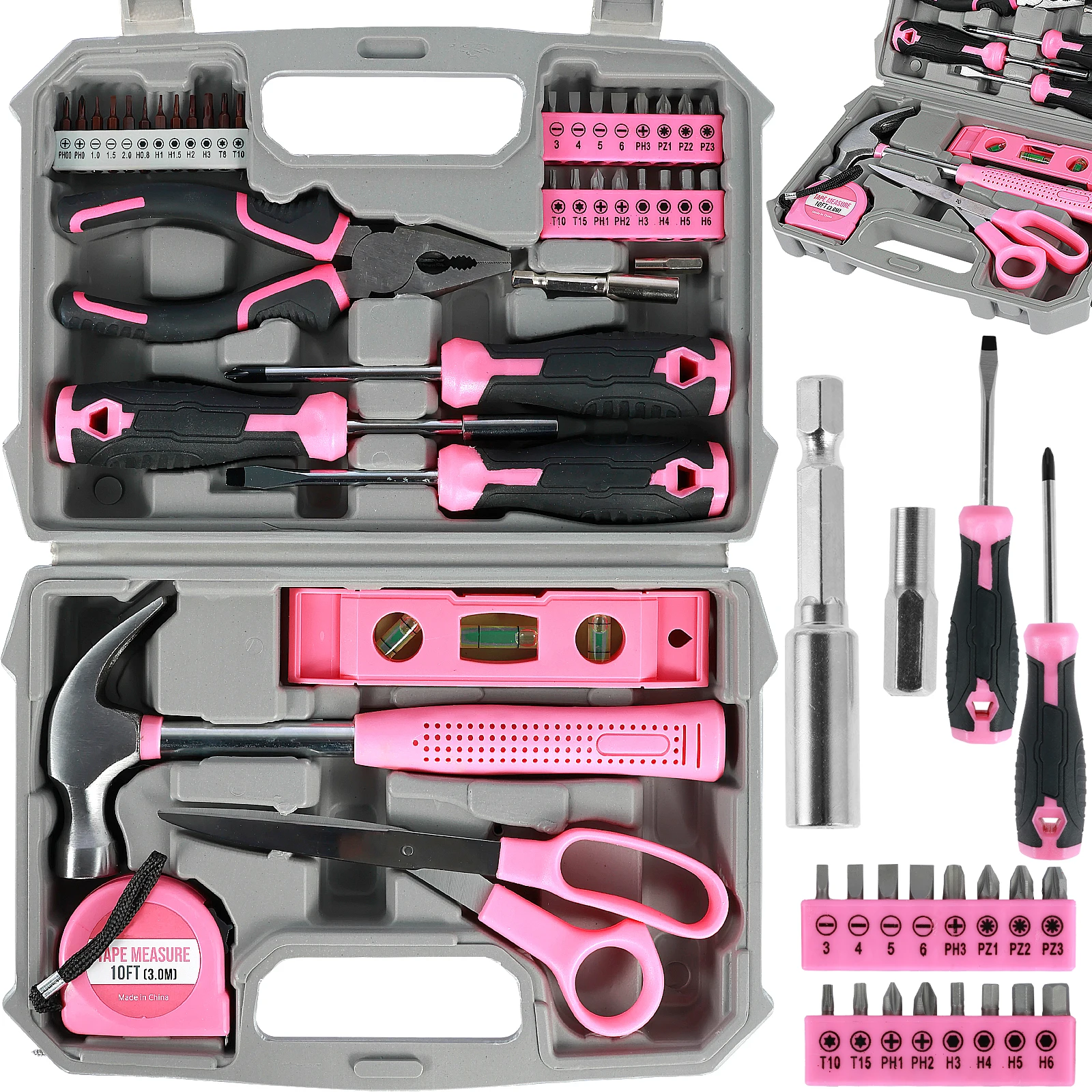 

37Pcs Household Repair Tool Kit Multipurpose Pink Home Hand Tool Set with Storage Case Durable Hammer and Screwdriver Set with