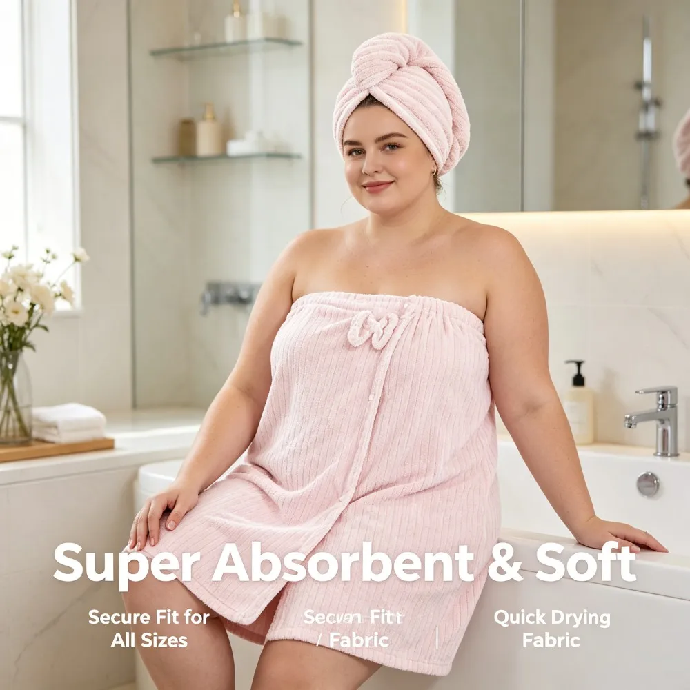 2 Pack Bath Skirt and Hair Drying Cap Set Fleece Quick Dry Adjustable Oversized Wrap for After Shower Bath 31.5x82.7 Inch