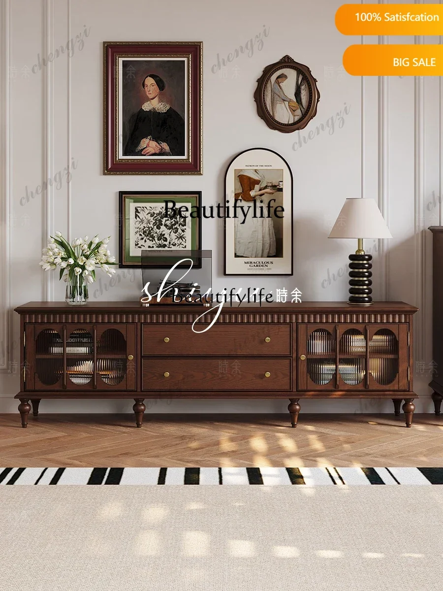 02 TV cabinet American retro all solid wood medium ancient French high foot