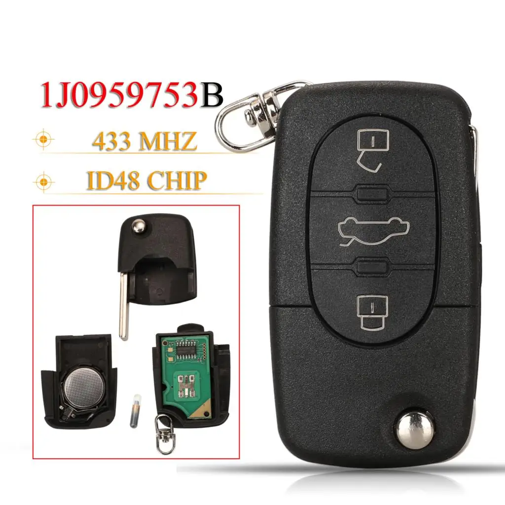 Jingyuqin 1 j0959753b 3BTN zdalny klucz składany Fob 433MHZ ID48 Chip do Volkswagen VW Bora Passat Seat Skoda akcesoria samochodowe