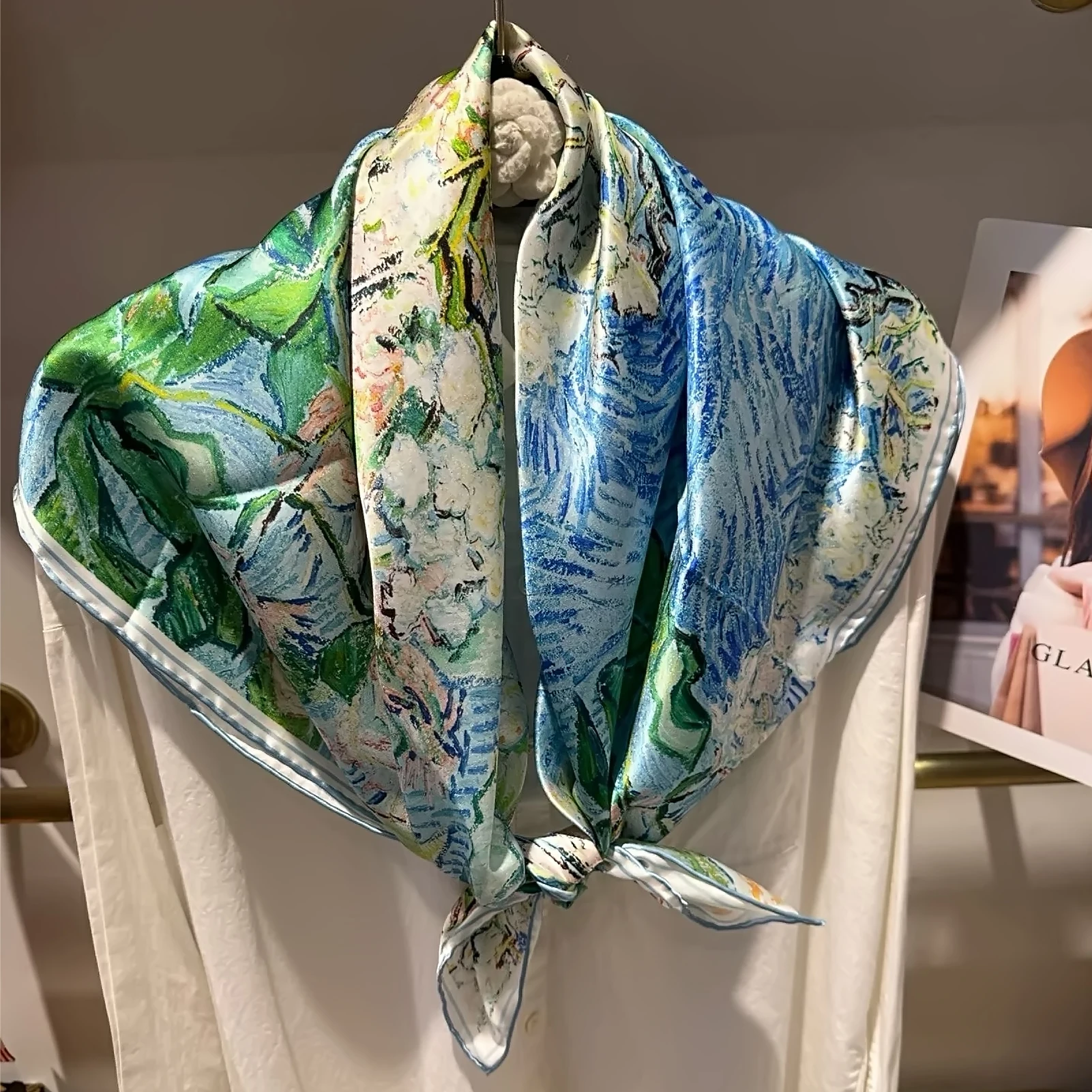 100% 뽕나무 실크 여성 실크 스카프 목도리 인쇄 뜨거운 판매 체인 패턴 브랜드 실크 머플러 대형 에어컨 케이프 스카프