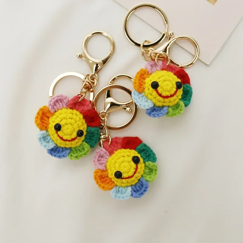 Handmade Cute Wool Sunflower Keychain Knitting Fiower Keychain Pendant Car Keys Keyring  Accessories Gift