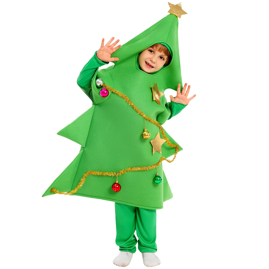 Kids Green Christmas Tree Costume Hoodie Jumpsuit Cosplay Costume for Toddler Cosplay Holiday Outfit Christmas New Years Suit