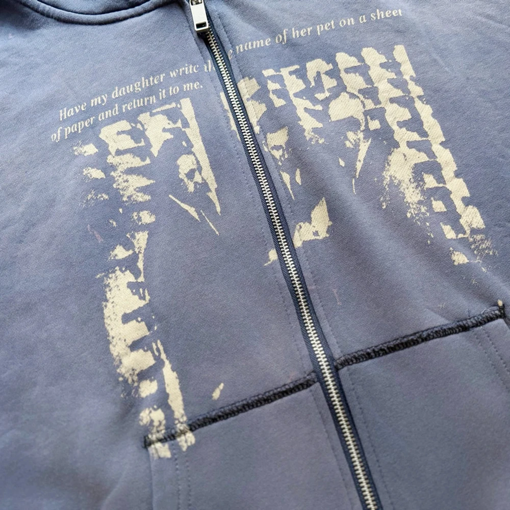Y2k American Streetwear Zip Up Hoodies Hiphop Street Style Heavy Weight Cotton Retro Distressed Blue Casual Clothing Sweatshirts