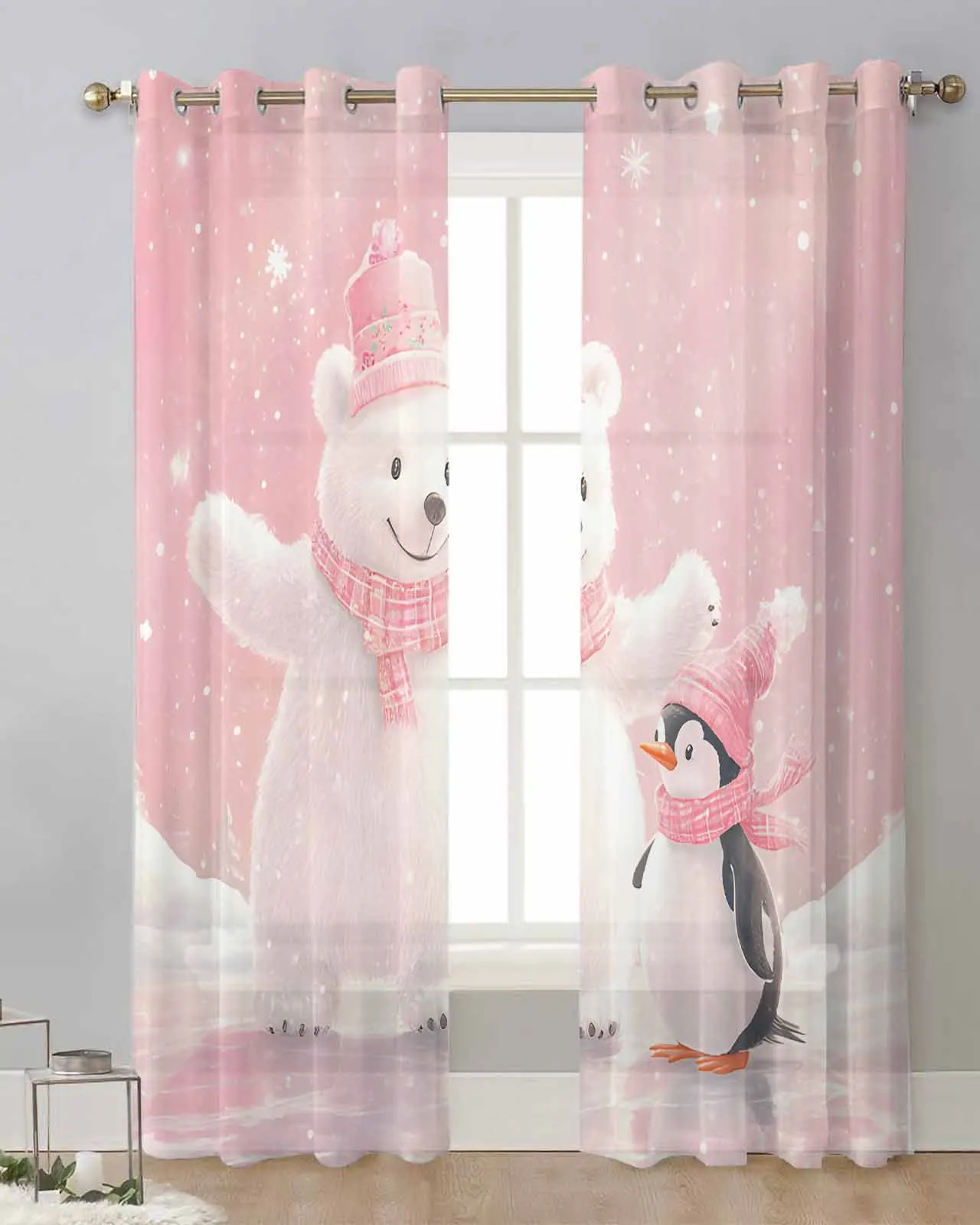 Christmas Pink Bears And Penguins Curtain Tulle Curtains For Living Room Kitchen Window Treatments Voile Curtains