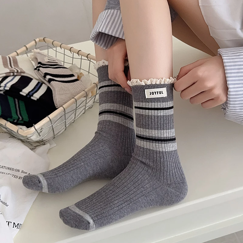 Retro Socks Fro Women Autumn New Sweet Frilly Trendy Striped Socks Korean Style Casual Breathable Loose Socks Mixed-color Sweet